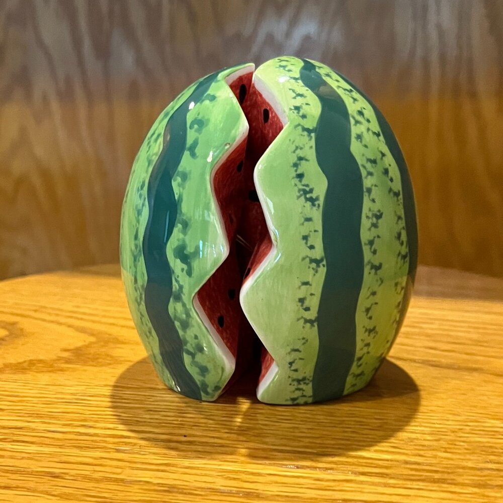 Rare split watermelon salt and pepper shakers approx. 4" tall.  EUC